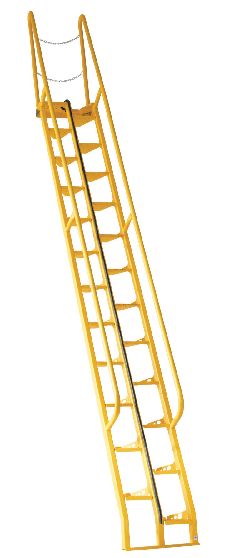 ATS-14-68_A.jpg The Vestil Alternate Tread Stair 68 Degree 168 In is a yellow metal ladder featuring safety handrails, a slip-resistant surface, and a security chain across the top. Ideal for industrial/commercial use with its steep angle, it stands against a plain white background.