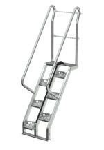 The Vestil Galvanized Alternate Tread Stair has four perforated steps for grip, dual extended handrails with chains for support, and spans 48.12 inches at a 56-degree angle.