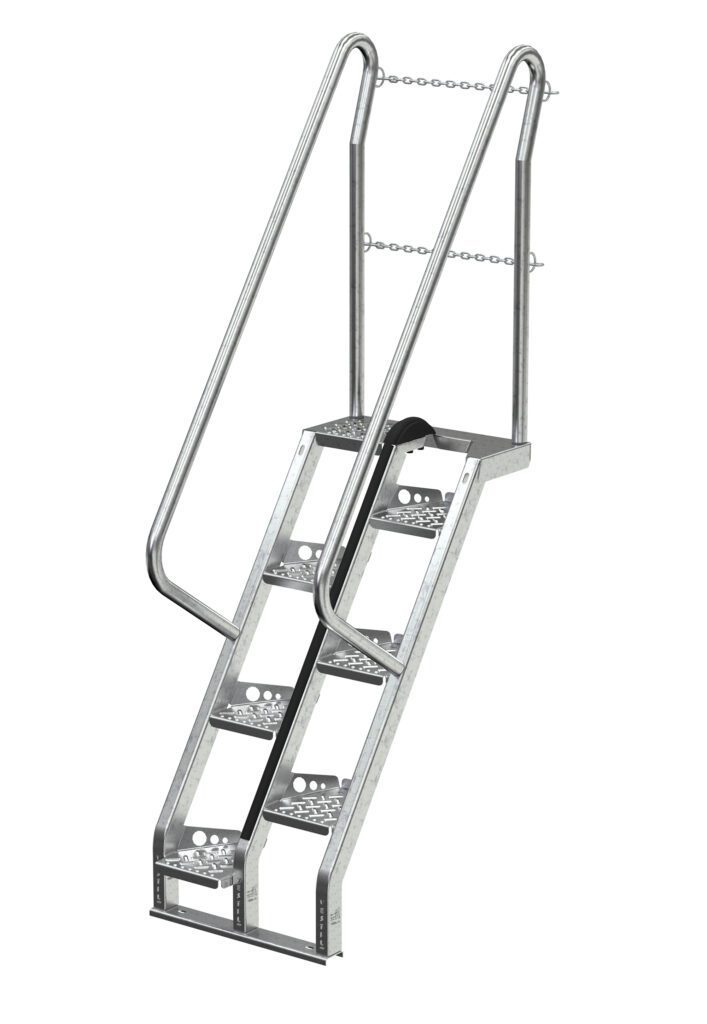 ATS-4-56-HDG_A.jpg The Vestil Galvanized Alternate Tread Stair has four perforated steps for grip, dual extended handrails with chains for support, and spans 48.12 inches at a 56-degree angle.
