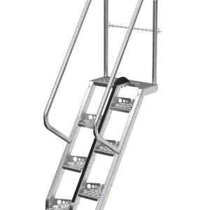 The Vestil Galvanized Alternate Tread Stair has four perforated steps for grip, dual extended handrails with chains for support, and spans 48.12 inches at a 56-degree angle.
