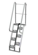 The Vestil Galvanized Alternate Tread Stair 68 Degree 48.12 In features sturdy handrails and alternate tread steps, providing industrial-style access to elevated areas. Wide, perforated steps and top safety chains enhance security, with a design standing at a 68-degree angle.