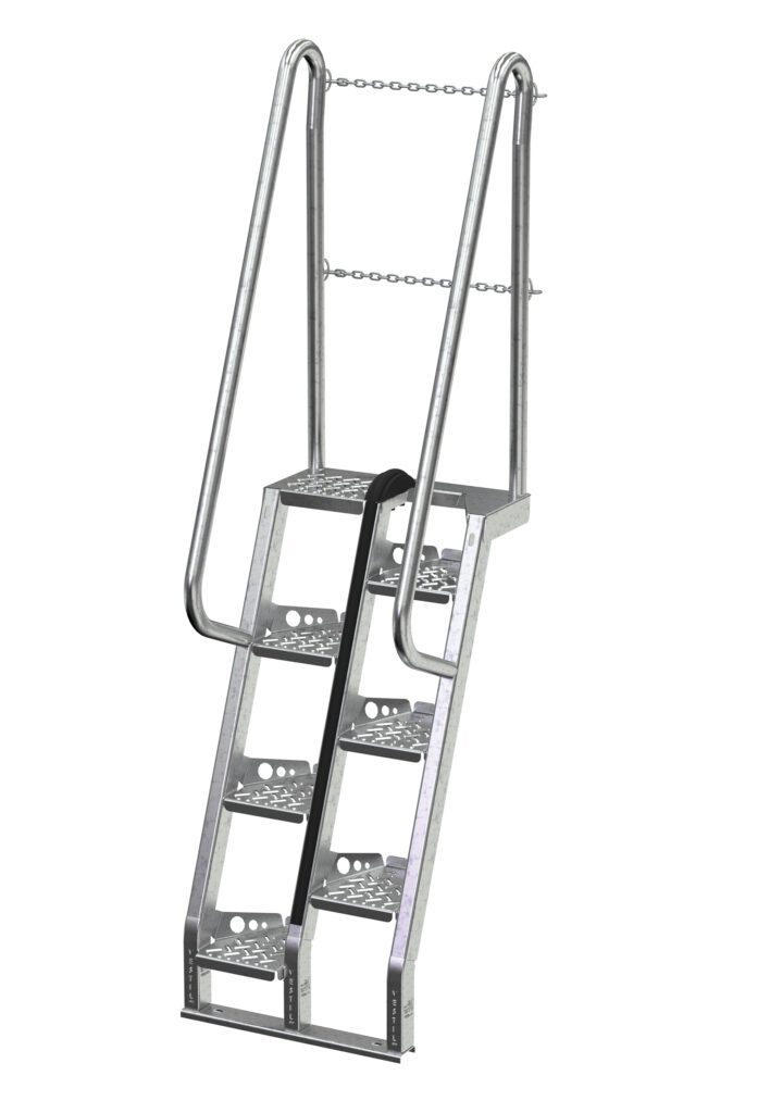 The Vestil Galvanized Alternate Tread Stair 68 Degree 48.12 In features sturdy handrails and alternate tread steps, providing industrial-style access to elevated areas. Wide, perforated steps and top safety chains enhance security, with a design standing at a 68-degree angle.