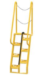 The Vestil Alternate Tread Stair 68 Degree 48.12 In features a yellow metal safety ladder with four steps, side handrails, and a top chain for security. Its 68-degree angle and perforated design provide optimal grip across its 48.12-inch span.