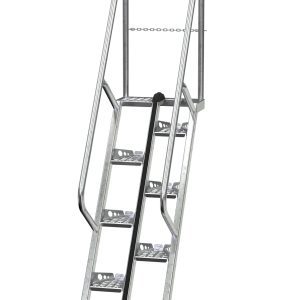 The Vestil Galvanized Alternate Tread Stair, with six steps and dual handrails, features a black anti-slip strip. It stands 60 inches high at a 56-degree angle with chain barriers, providing secure access to elevated areas through its industrial design.
