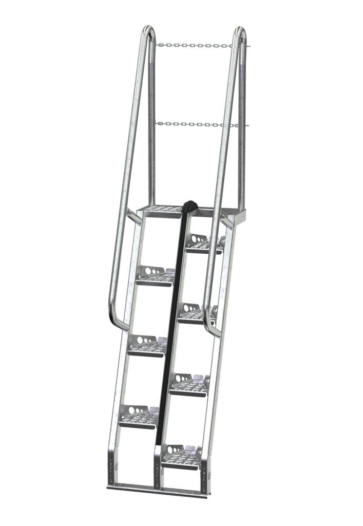 ATS-5-68-HDG_A.jpg The Vestil Galvanized Alternate Tread Stair provides a secure climb with its sturdy metal build featuring five textured steps at a 68-degree angle. Equipped with handrails on both sides and a top chain for safety, its perfect for the 60-inch ascent.