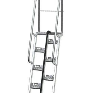 The Vestil Galvanized Alternate Tread Stair provides a secure climb with its sturdy metal build featuring five textured steps at a 68-degree angle. Equipped with handrails on both sides and a top chain for safety, its perfect for the 60-inch ascent.