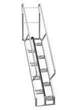 The Vestil Galvanized Alternate Tread Stair 56 Degree 71.87 In includes five textured steps, dual railings, and a chain for added security. Its silver metal frame highlights a functional industrial design fit for safety and utility.