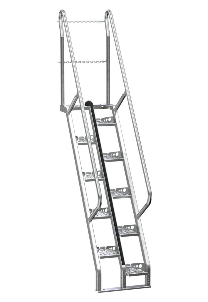 The Vestil Galvanized Alternate Tread Stair 56 Degree 71.87 In includes five textured steps, dual railings, and a chain for added security. Its silver metal frame highlights a functional industrial design fit for safety and utility.