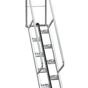 The Vestil Galvanized Alternate Tread Stair 56 Degree 71.87 In includes five textured steps, dual railings, and a chain for added security. Its silver metal frame highlights a functional industrial design fit for safety and utility.