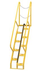 The Vestil Alternate Tread Stair 56 Degree 71.87 In is a yellow metal safety ladder with chain for extra safety, side rails, and a black rubber grip on the bottom step.