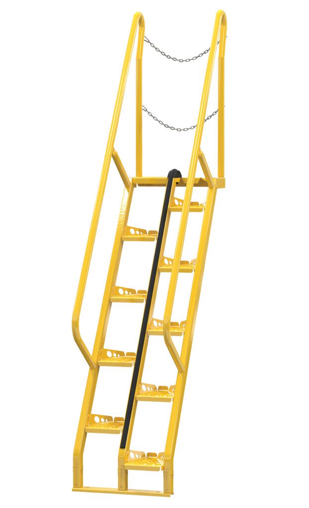 ATS-6-56_A.jpg The Vestil Alternate Tread Stair 56 Degree 71.87 In is a yellow metal safety ladder with chain for extra safety, side rails, and a black rubber grip on the bottom step.