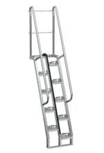 The Vestil Galvanized Alternate Tread Stair 68 Degree 71.87 In is a freestanding staircase with six grated steps, side rails, and safety chains for extra support. It has a 68-degree incline and an alternate tread design to provide secure footing at a height of 71.87 inches tall.