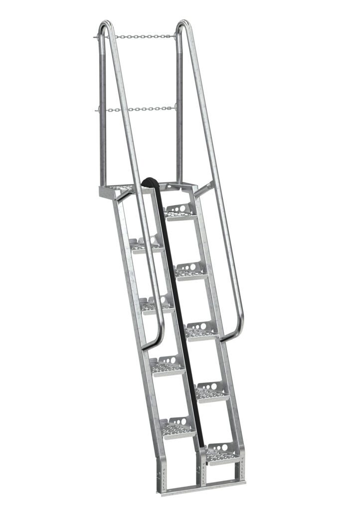 ATS-6-68-HDG_A.jpg The Vestil Galvanized Alternate Tread Stair 68 Degree 71.87 In is a freestanding staircase with six grated steps, side rails, and safety chains for extra support. It has a 68-degree incline and an alternate tread design to provide secure footing at a height of 71.87 inches tall.