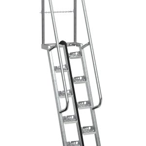 The Vestil Galvanized Alternate Tread Stair 68 Degree 71.87 In is a freestanding staircase with six grated steps, side rails, and safety chains for extra support. It has a 68-degree incline and an alternate tread design to provide secure footing at a height of 71.87 inches tall.