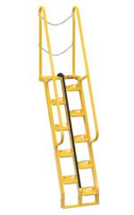 The Vestil Alternate Tread Stair 68 Degree 71.87 In is a yellow metal ladder featuring safety handrails, a top chain, and perforated steps for traction, designed for industrial or construction use with a 68-degree incline.