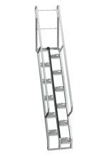 The Vestil Galvanized Alternate Tread Stair, 56 degrees and 84 inches tall, includes handrails on both sides, perforated steps for grip, and a safety chain on top. This portable metal staircase is perfect for industrial use.