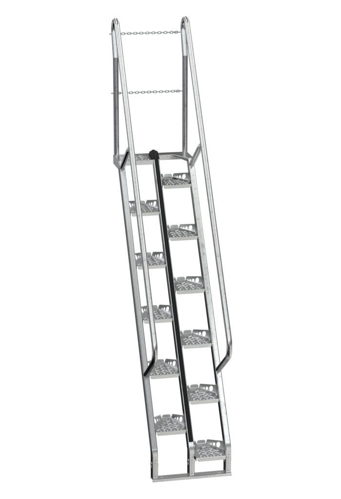The Vestil Galvanized Alternate Tread Stair, 56 degrees and 84 inches tall, includes handrails on both sides, perforated steps for grip, and a safety chain on top. This portable metal staircase is perfect for industrial use.