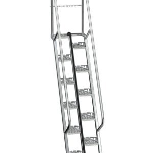 The Vestil Galvanized Alternate Tread Stair, 56 degrees and 84 inches tall, includes handrails on both sides, perforated steps for grip, and a safety chain on top. This portable metal staircase is perfect for industrial use.