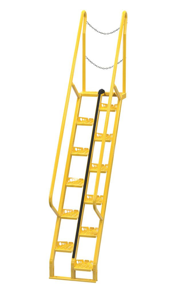 ATS-7-56_A.jpg The Vestil Alternate Tread Stair 56 Degree 84 In is a sturdy yellow safety ladder with handrails and perforated steps, a 56-degree incline, and a top safety chain for secure climbing.