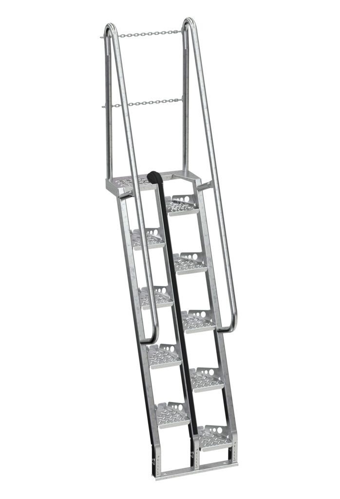 The Vestil Galvanized Alternate Tread Stair offers a secure 68-degree angle with five perforated steps, safety handrails, and a chain across the top for extra safety. It extends to 84 inches, providing reliable footing for alternate tread stair access.