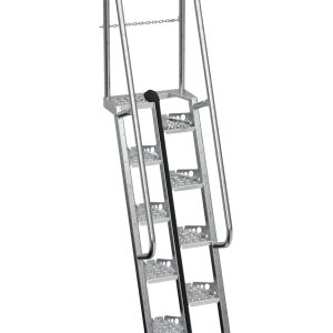 The Vestil Galvanized Alternate Tread Stair offers a secure 68-degree angle with five perforated steps, safety handrails, and a chain across the top for extra safety. It extends to 84 inches, providing reliable footing for alternate tread stair access.