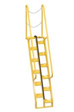 The Vestil Alternate Tread Stair 68 Degree 84 In is a yellow metal industrial ladder with angled steps and side rails for safety. It stands 84 inches tall, offering a top chain for added security and a handle for stability in use.