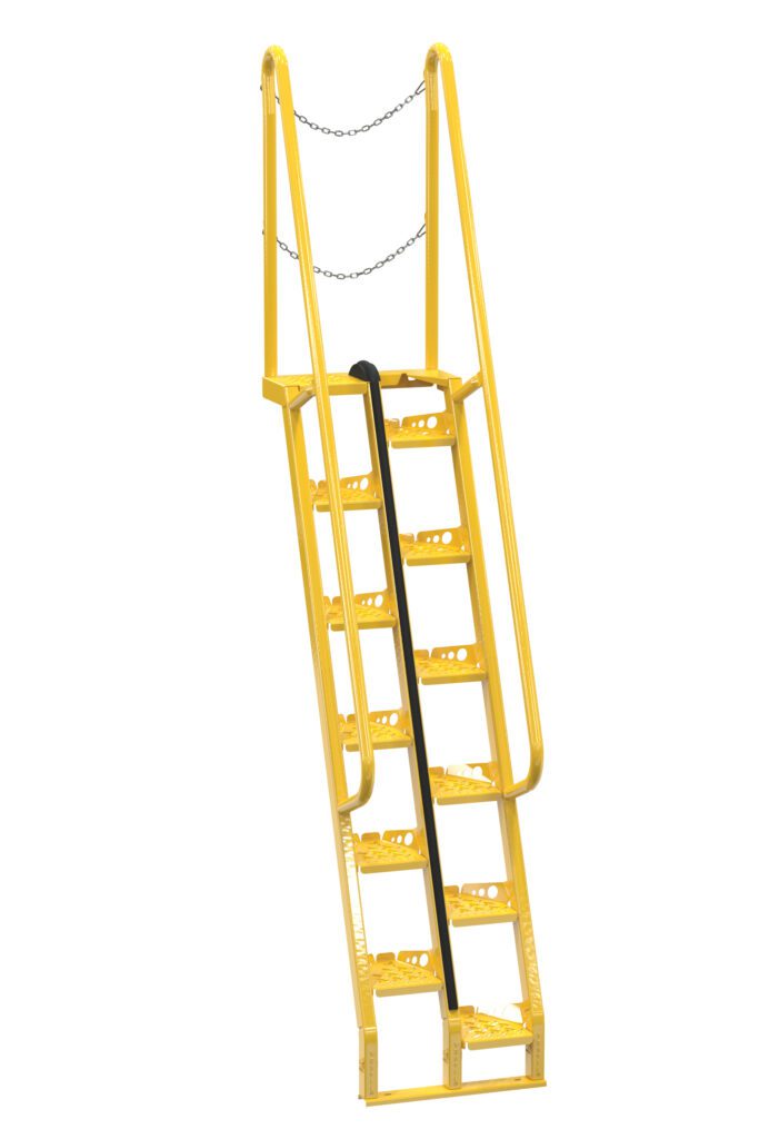 ATS-7-68_A.jpg The Vestil Alternate Tread Stair 68 Degree 84 In is a yellow metal industrial ladder with angled steps and side rails for safety. It stands 84 inches tall, offering a top chain for added security and a handle for stability in use.