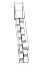 The Vestil Galvanized Alternate Tread Stair, with a 56-degree incline and height of 95.87 inches, features nine wide perforated treads, dual handrails for stability, and a safety chain at the top, making it ideal for industrial use.