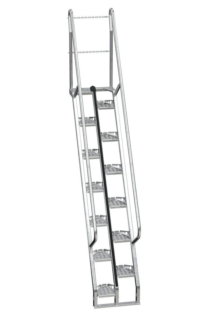 The Vestil Galvanized Alternate Tread Stair, with a 56-degree incline and height of 95.87 inches, features nine wide perforated treads, dual handrails for stability, and a safety chain at the top, making it ideal for industrial use.