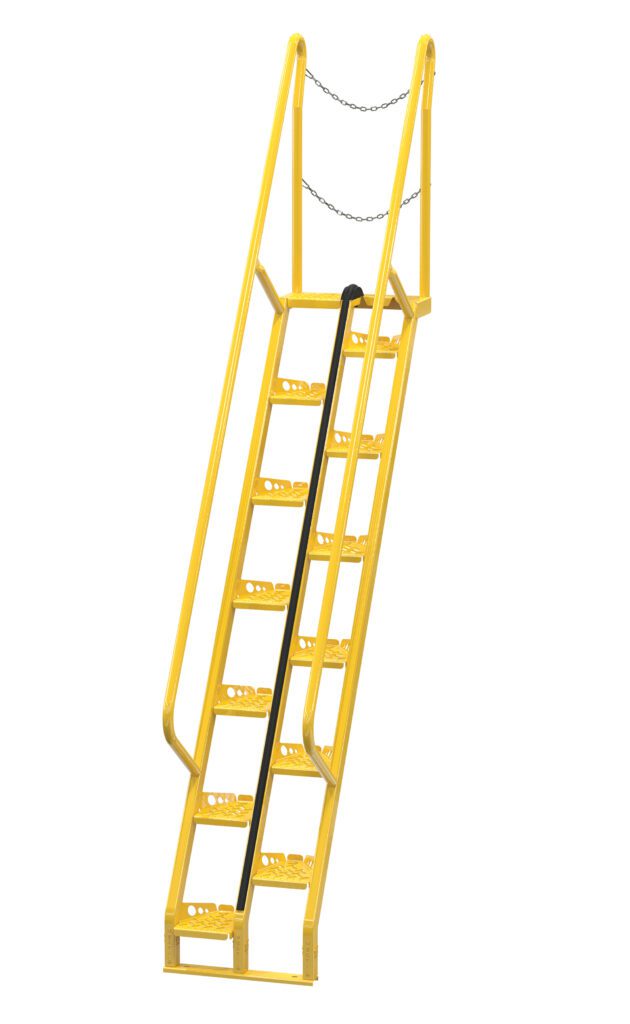 ATS-8-56_A.jpg The Vestil Alternate Tread Stair, in yellow, features a 56-degree incline with handrails on both sides. It has a 95.87-inch stairway with perforated steps for grip, a safety chain at the top, and is angled for easy climbing.