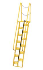 The Vestil Alternate Tread Stair, with a 68-degree angle and 95.87-inch height, offers secure handrails and a top chain. Its perforated, textured steps enhance safety for accessing elevated industrial workspaces or platforms.