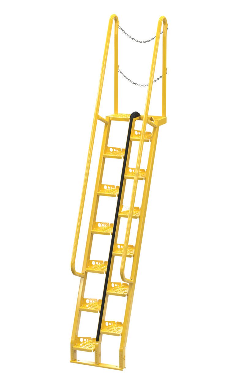 The Vestil Alternate Tread Stair, with a 68-degree angle and 95.87-inch height, offers secure handrails and a top chain. Its perforated, textured steps enhance safety for accessing elevated industrial workspaces or platforms.