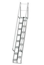 The Vestil Galvanized Alternate Tread Stair 56 Degree 107.75 In offers a secure metal industrial design with railings, top safety chain, and perforated steps for grip, providing safe access to elevated platforms.