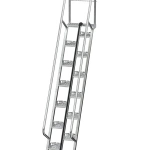 The Vestil Galvanized Alternate Tread Stair 56 Degree 107.75 In offers a secure metal industrial design with railings, top safety chain, and perforated steps for grip, providing safe access to elevated platforms.