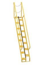The Vestil Alternate Tread Stair 56 Degree 107.75 In features a yellow metal staircase with dual handrails, a top safety chain, and perforated steps for grip on steep inclines.