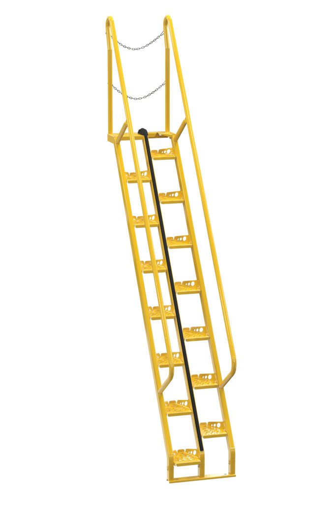 The Vestil Alternate Tread Stair 56 Degree 107.75 In features a yellow metal staircase with dual handrails, a top safety chain, and perforated steps for grip on steep inclines.