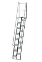 The Vestil Galvanized Alternate Tread Stair 68 Degree 107.75 In is an industrial rolling staircase with alternate tread steps, handrails at a 68-degree angle, perforated steps for traction, and a safety chain at the top.