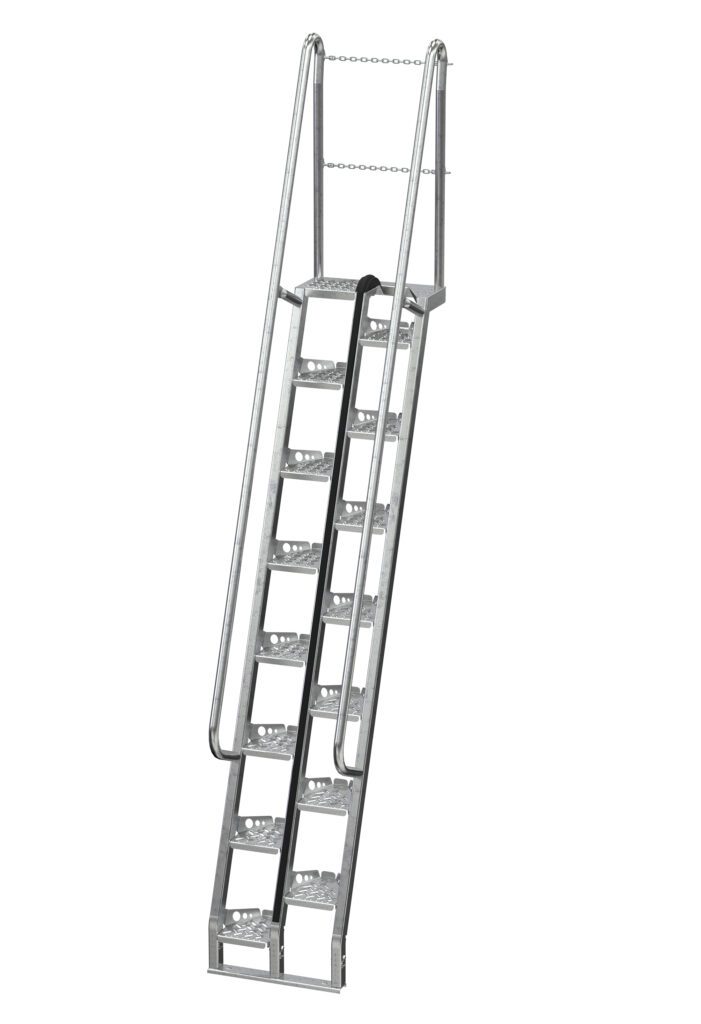 The Vestil Galvanized Alternate Tread Stair 68 Degree 107.75 In is an industrial rolling staircase with alternate tread steps, handrails at a 68-degree angle, perforated steps for traction, and a safety chain at the top.