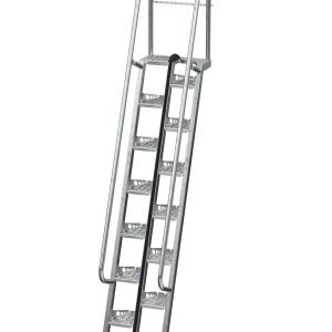 The Vestil Galvanized Alternate Tread Stair 68 Degree 107.75 In is an industrial rolling staircase with alternate tread steps, handrails at a 68-degree angle, perforated steps for traction, and a safety chain at the top.