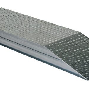 The Vestil Heavy Duty Alum Wheel Riser 18X5.87X48 is a metallic ramp with a flat top and diamond plate texture, offering sturdy support and safe traction for vehicles or heavy equipment, ensuring reliability.