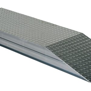 The Vestil Heavy Duty Alum Wheel Riser 18X7.87X108 is a silver metal ramp with a diamond plate texture, featuring a flat top and inclined front. This rectangular sloped surface enhances accessibility and supports vehicle use.