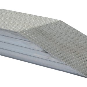The gleaming silver metal ramp, similar to the Vestil Heavy Duty Alum Wheel Riser 24X9.93X72, has a grated surface. Its rectangular base and sloped top are designed for optimal accessibility and efficient loading.