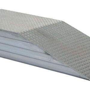 The Vestil Heavy Duty Alum Wheel Riser 24X11.93X72 includes a wedge-shaped metallic ramp with a textured, non-slip surface and a rectangular base for enhanced safety and stability.