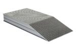 A metal ramp with a diamond-patterned surface resembles the Vestil Heavy Duty Alum Wheel Riser 24X5.93X48, providing a gentle incline for smooth loading or elevating of objects over short heights.