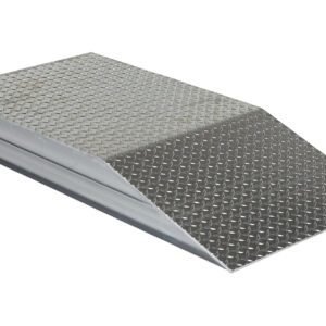 A metal ramp with a diamond-patterned surface resembles the Vestil Heavy Duty Alum Wheel Riser 24X5.93X48, providing a gentle incline for smooth loading or elevating of objects over short heights.