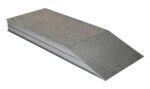 The Vestil Heavy Duty Alum Wheel Riser 24X7.93X66 features a silver metallic ramp with a diamond plate texture, flat on one end and sloping on the other, designed for loading or accessibility against a white background.