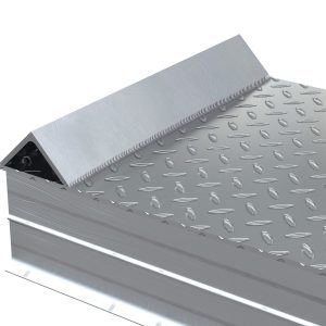 Image of a Vestil Alum Tread Whl Riser W/ Roll Of Guard 66X24X12 featuring a diamond plate textured lid, partially open to show a smooth, angled surface. The rectangular container has a polished metallic finish for strong storage and protection.