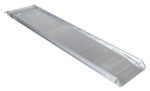 The Vestil Alum Walk Ramp Overlap Style 120 X 28 In, a long, flat silver metal ramp with a grooved surface and slightly raised edges, is set diagonally against a plain white background.