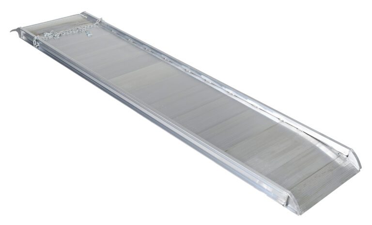 The Vestil Alum Walk Ramp Overlap Style 120 X 28 In, a long, flat silver metal ramp with a grooved surface and slightly raised edges, is set diagonally against a plain white background.