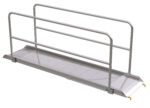 The Vestil Alum Walk Ramp Handrail Hook (121.56 x 28 in) has handrails on both sides, a textured surface for grip, and wheels at one end for easy transport. It offers lightweight sturdiness for excellent accessibility or efficient loading.